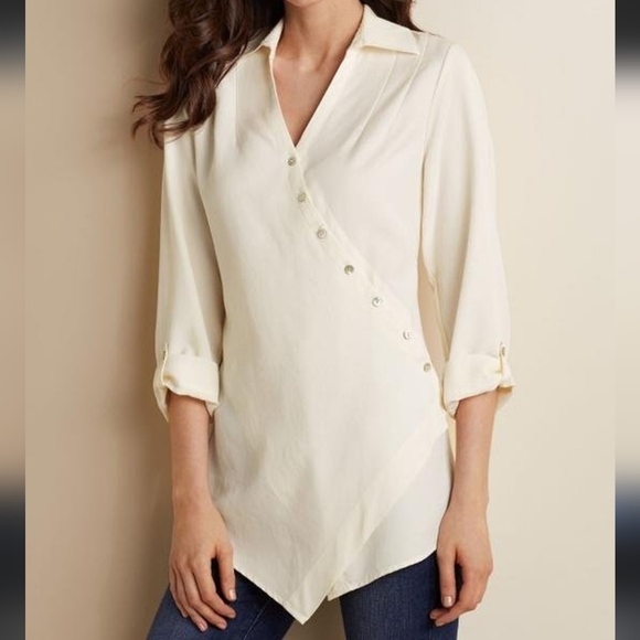 Soft Surroundings off white wrap button blouse asymmetrical top elbow sleeve med - Picture 10 of 10